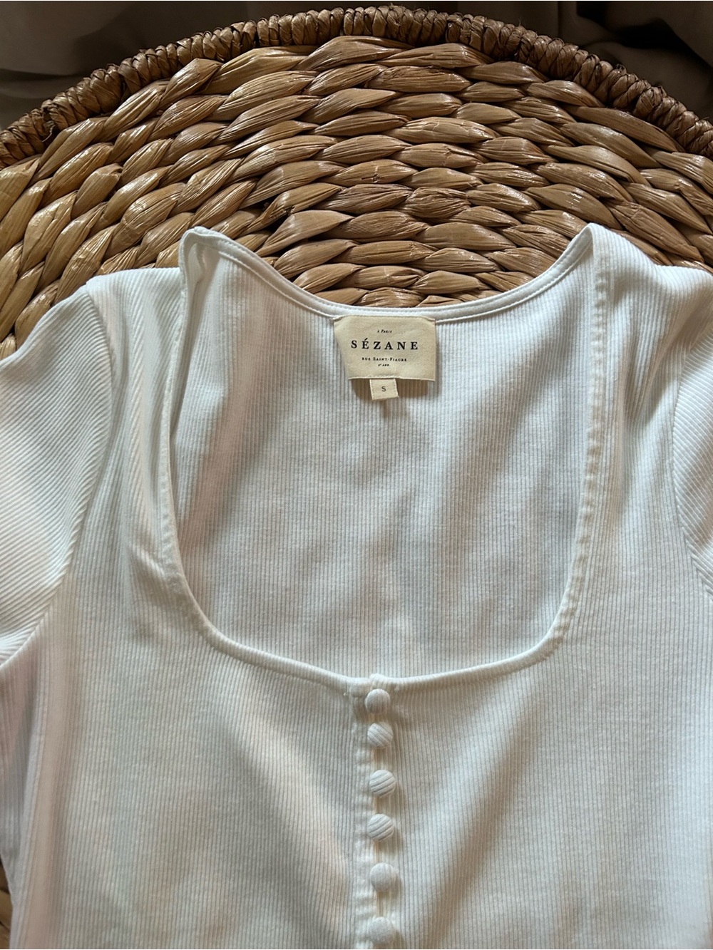 Sezane Cream Square-Neck Ribbed Button Tee - Picture 4 of 5